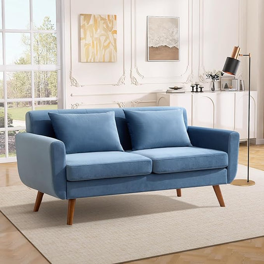 Tbfit 65" W Loveseat Sofa, Velvet Mid Century Modern Love Seat Couches for Living Room, Button Tufted Upholstered Small Couch for Bedroom, Solid and Easy to Install Love Seats Furniture, Blue