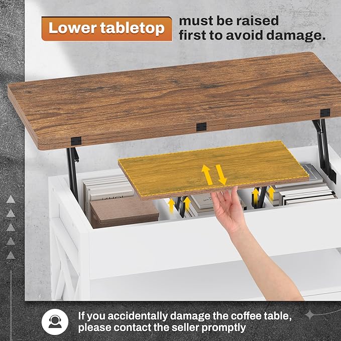 Itaar 40" Lift Top Coffee Table, 4 in 1 White Coffee Tables with Storage for Living Room, Small Coffee Table with 2 Drawers & LED Light for Dining Room, White and Rustic Brown