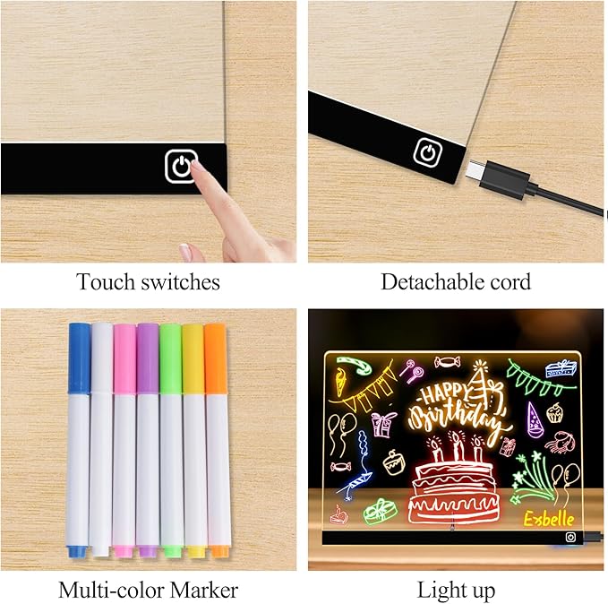 14“ LED Drawing Board 7 Colors Light Acrylic Dry Erase Lumiboard for Kids with Stand 2 Modes as Night Light for Room/Store/Office Ideal Gift for Festival Decoration 7 Markers