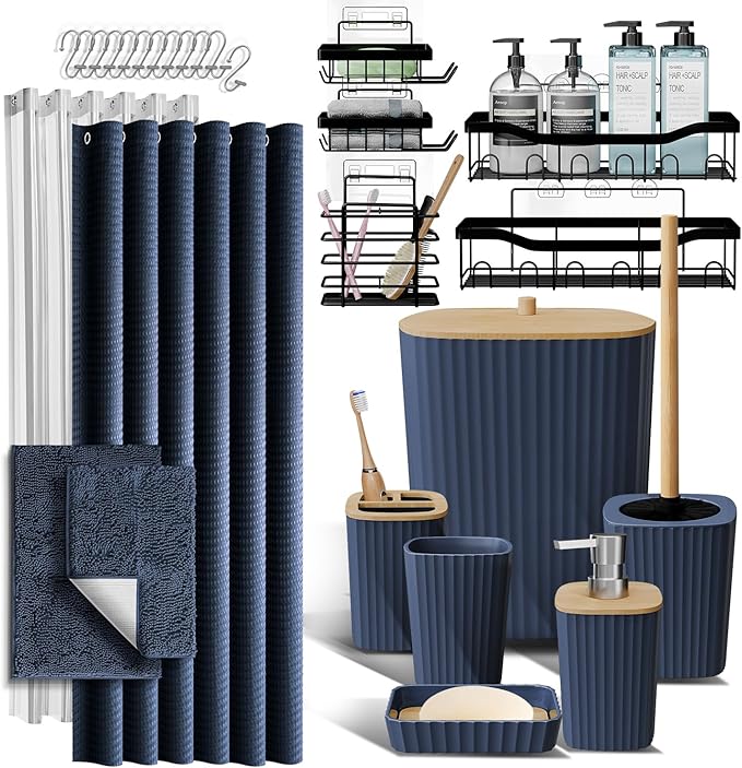 Bathroom Accessories Set with Shower Caddy and Bath Rugs, 27PC Bathroom Accessory Set with Shower Caddies Navy Bath Rugs, Shower Curtain Set, Toilet Brush, Trash Can, Soap Dispenser, Toothbrush holder