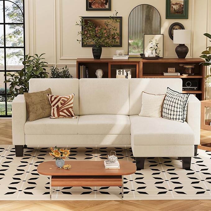 VICTONE Convertible Sectional Sofa Couch, 3 Seat L-Shaped Sofa with Linen Fabric Ottoman Small Couch for Small Apartments, Living Room and Office (Corduroy, Cream)