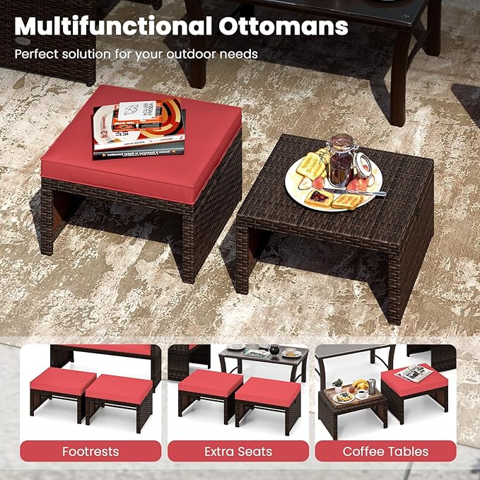Tangkula 6 Pieces Patio Furniture Set, Outdoor Sectional Conversation PE Rattan Sofa Set with 1 Loveseat, 1 Coffee Table, 2 Armchairs and 2 Ottomans for Garden, Deck, Backyard and Poolside (Red)