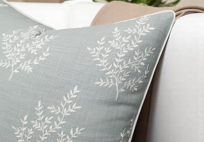 VAGMINE Embroidered Leaves Throw Pillow Cover - 18x18 Inches Square - 100% Cotton Robins Egg Decorative Cushion Cover - Coastal Inspired Leaf Stitch - Stylish Home Accent for Sofa, Couch, Bedroom