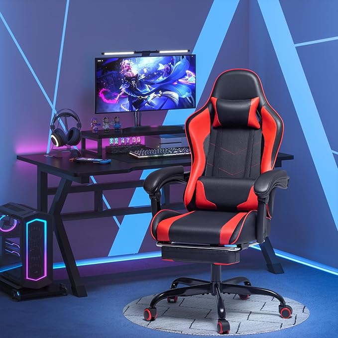Homall Gaming Chair, Video Game Chair with Footrest and Massage Lumbar Support, Ergonomic Computer Chair Height Adjustable with Swivel Seat and Headrest (Red)