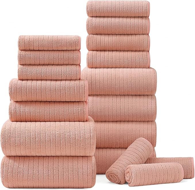 18 Piece Bath Towels Set,Super Soft Family Bathroom Towel Set with Hanging Loops-6 Bath Towels,6 Hand Towels,6 Washcloths,Highly Absorbent Quick Dry Shower Towel for Bathroom,Hotel,Spa-Blush Towel Set