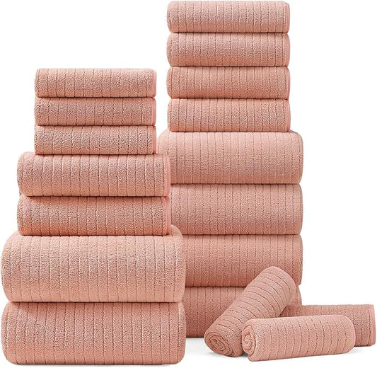 18 Piece Bath Towels Set,Super Soft Family Bathroom Towel Set with Hanging Loops-6 Bath Towels,6 Hand Towels,6 Washcloths,Highly Absorbent Quick Dry Shower Towel for Bathroom,Hotel,Spa-Blush Towel Set