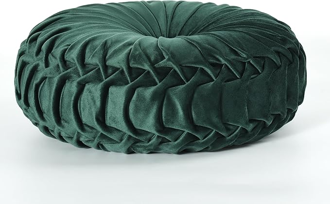 HIG Set of 2 Decorative Round Pleated Throw Pillows, Classy Accent Pumpkin Throw Pillows with Center Button, Vintage Velvet Floor Pillows for Sofa Vanity Chair Bed, Emerald, 14.5" Diameter(Ripple)