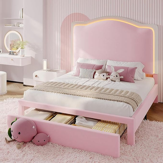 Jocisland Twin Bed Frame with 51" Tall & Thick Adjustable Headboard, Storage Drawer, RGB LED Lights, No Box Spring Needed, Velvet Upholstered, Pink