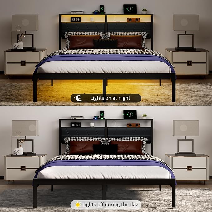 Queen Bed Frame with LED Lights & Charging Station, Metal Platform Bed Frame with 2 Tier Storage Headboard, Under Bed Storage, No Box Spring Needed, Noise Free, Easy Assembly