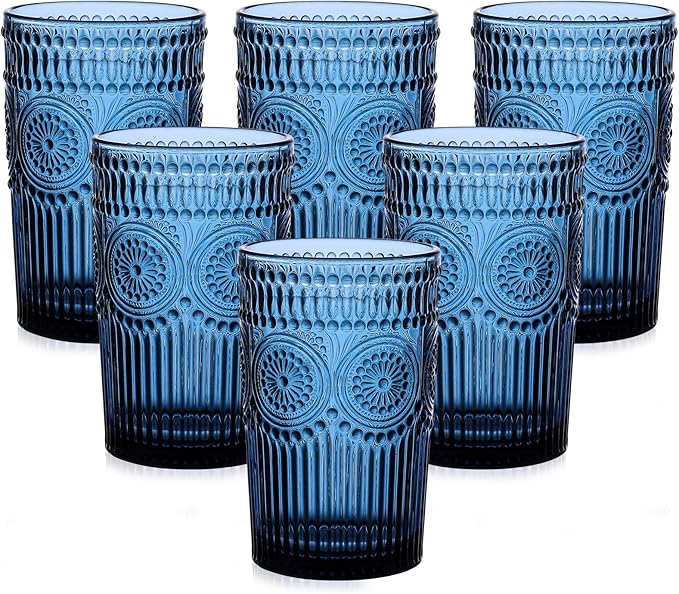 Vintage Glassware Drinking Glasses Set of 6,13 oz Blue Textured Flower Design Glass Water Tumblers,Embossed Striped Drinkware for Water,Cocktails,Juice,Iced Coffee