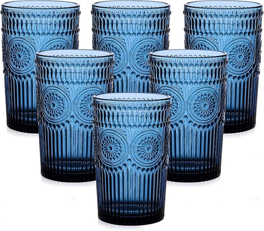 Vintage Glassware Drinking Glasses Set of 6,13 oz Blue Textured Flower Design Glass Water Tumblers,Embossed Striped Drinkware for Water,Cocktails,Juice,Iced Coffee