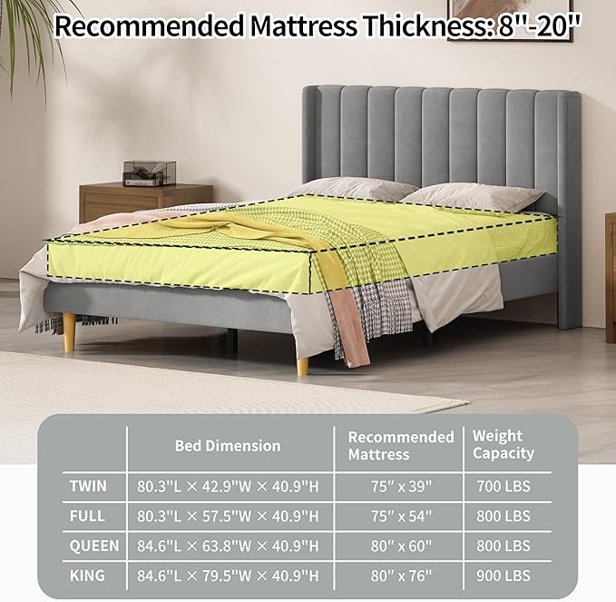 Full Size Upholstered Platform Bed Frame with Modern Wingback & Vertical Panel Headboard, Velvet Fabric, Wooden Legs & Slats Support, No Box Spring Needed, Noise-Free & Easy Assembly, Grey