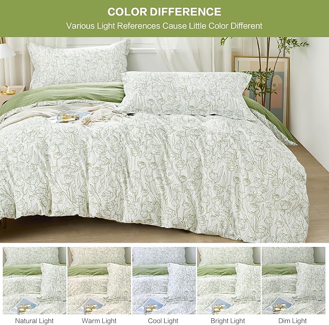 SAPHREAS Sage Green Floral Duvet Cover Set Queen Size 3pcs Blossom White Botanical Bedding Comforter Cover Set 100% Cotton 1 Duvet Cover 90"x90" 2 Pillow Shams, Comforter Not Included
