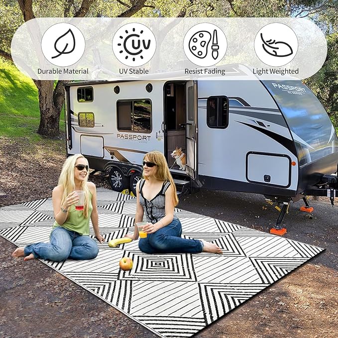 Waterproof Outdoor Rug 9x12ft, Foldable Reversible Plastic Straw Mat for Patio RV Deck Porch Backyard Balcony Camping Picnic Beach Indoor Outdoor Carpet, Black&White