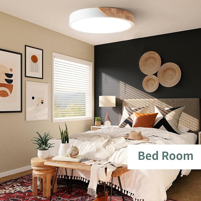 LED Flush Mount Ceiling Light Fixture Wood,16 inch Kitchen Light Fixtures Ceiling Mount 36W, Round Close to Ceiling Light Dimmable 5CCT for Bedroom,Kitchen,Living Room