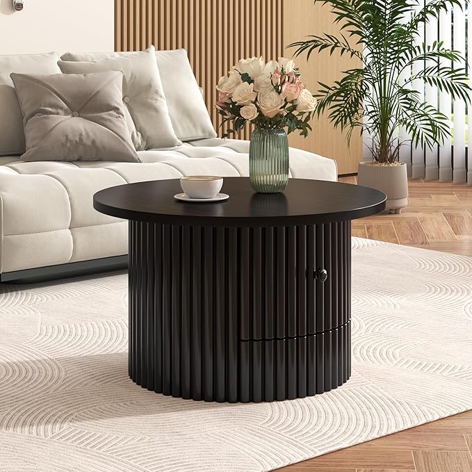 WILLIAMSPACE 30.5" Round Coffee Table with a Drawer, Modern Farmhouse Wood Circle Drum Center Table with Vertical Slat Base, Accent Side End Table for Living Room Apartment, Dark Brown