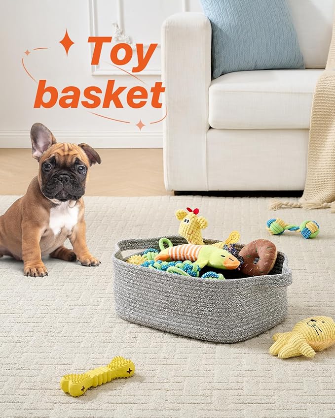 KALLAX Small Woven Basket, 14 x 10 x 5.6 Inches, Small Storage Baskets for Organizing, Gift Baskets Empty, Cute Rope Shelf Closet Storage Bins for Shelves, Dog Toy Basket, Mixed Grey