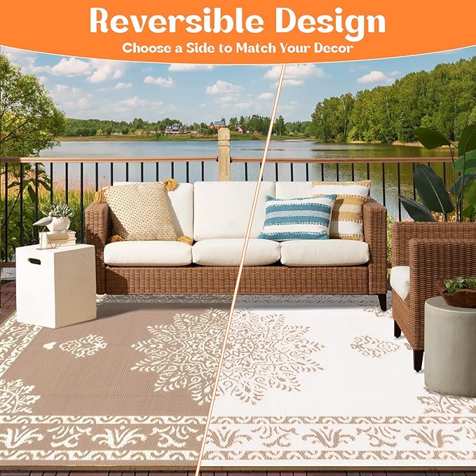 Yamaziot Outdoor Rug 9x12 Ft, Waterproof Plastic Straw Patio Rug, Reversible Backyard Carpet UV Resistant Portable RV Mat Clearance, Large Indoor Outdoor Rug for Patio, Porch, Deck, Balcony, Brown