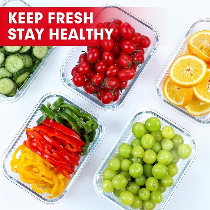 VERONES 5 Pack 36 OZ Glass Meal Prep Containers, Airtight Glass Lunch Containers Set, Glass Food Storage Containers with Lids,Exclusive of BPA, for Microwave, Oven, Freezer & Dishwasher Friendly,Red