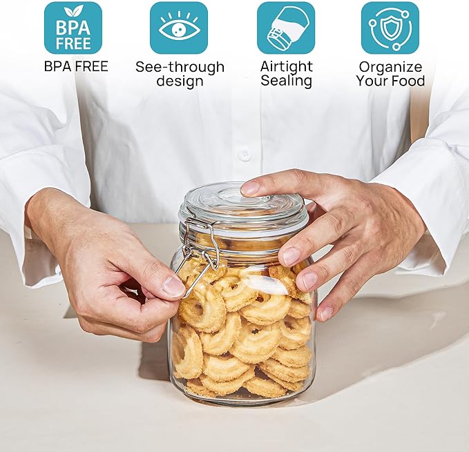 Vtopmart 34oz Glass Food Storage Jars with Airtight Clamp Lids, 3 Pack Kitchen Canisters for Flour, Cereal, Coffee, Pasta and Canning, Square Mason Jar with 8 Chalkboard Labels