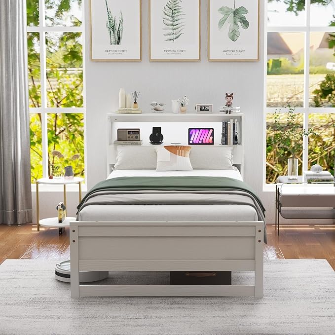 KOMFOTT Twin Size Wood Platform Bed Frame with Charging Station & LED Light, Platform Bed with Storage Headboard & 12” Under-Bed Space, No Box Spring Needed Bed Base, Wood Mattress Foundation (White)