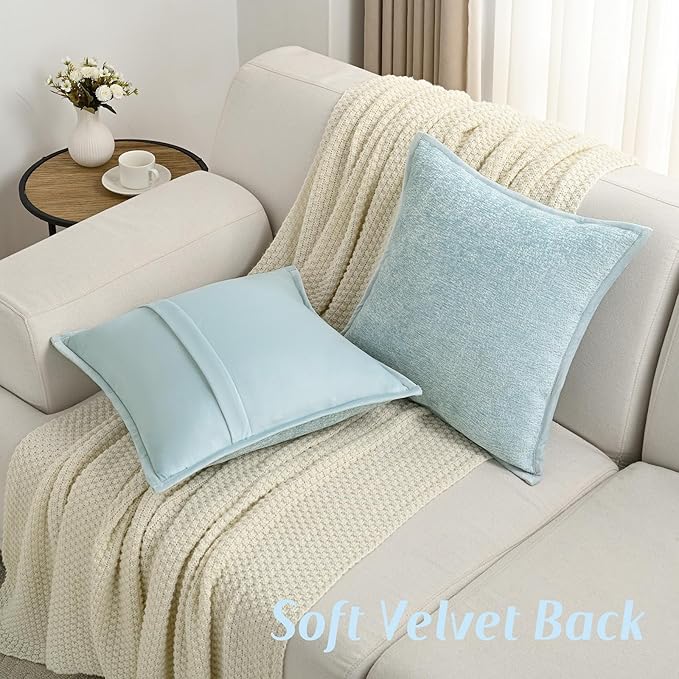 FUTEI Light Blue Chenille Throw Pillow Covers 18x18 Inch Set of 2,Soft Cozy Bound Edge Design Cushion Case,Home Decor for Couch Bed Living Room