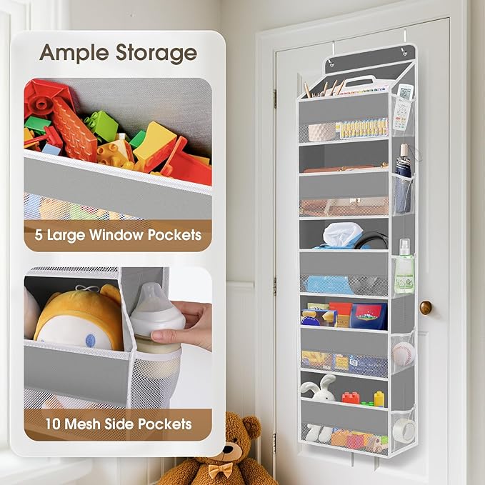 1 Pack Over The Door Organizer, Hanging Storage Organizer with Clear Window, 40lb Ultra Sturdy Large Capacity Room Organizer for Pantry Laundry Bathroom Nursery Closet Baby Essential (Grey)