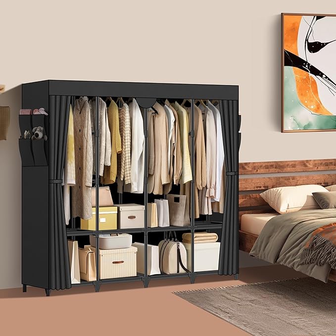 Wardrobe Closet, Quick and Easy Assembly, Black Large Capacity Portable Closet with 4 Hanging Rods 8 Storage Shelves and 8 Side Pockets, Clothes Rack with Cover, for Bedroom and Living Room