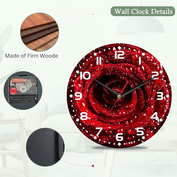 Wall Clock,Red Rose Wooden Wall Clocks Art Silent Non-Ticking Wall Clocks Battery Operated Round Home Arabic Numeral Decorative Wall Clock 10 Inch