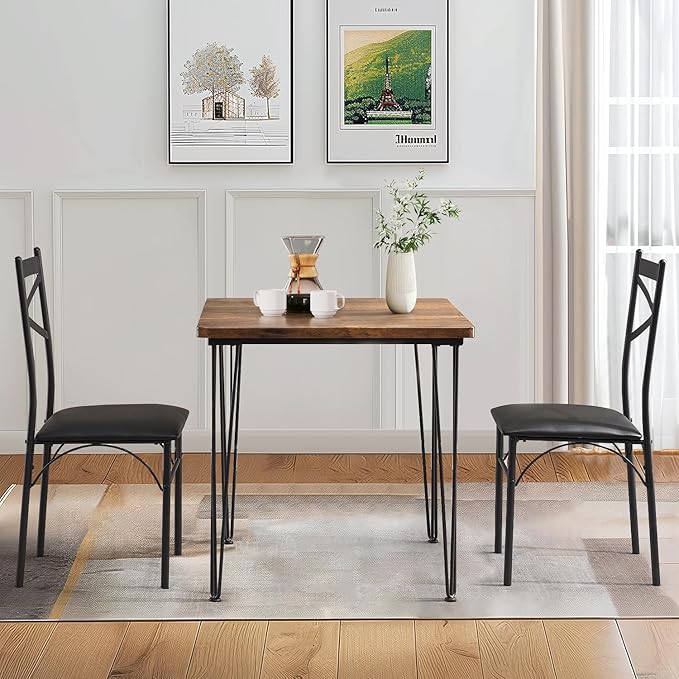 VECELO 3-Piece Dining Room Kitchen Table and Pu Cushion Chair Sets for Small Space, 2, Classic Brown,Dining Set for 2