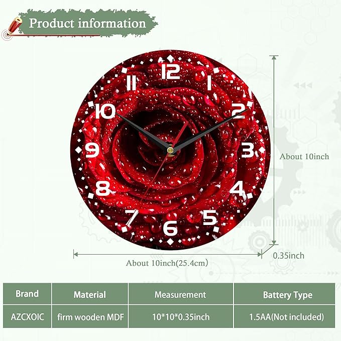 Wall Clock,Red Rose Wooden Wall Clocks Art Silent Non-Ticking Wall Clocks Battery Operated Round Home Arabic Numeral Decorative Wall Clock 10 Inch