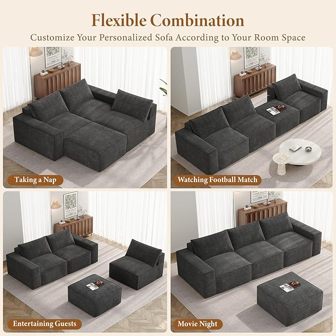 Vesgantti 114" Modular Sectional Boneless Couch, Modern 3 Seater Sofa with Ottoman & Deep Seat, Convertible Chenille L Shaped Cloud Couches for Living Room, No Assembly Required, Dark Grey