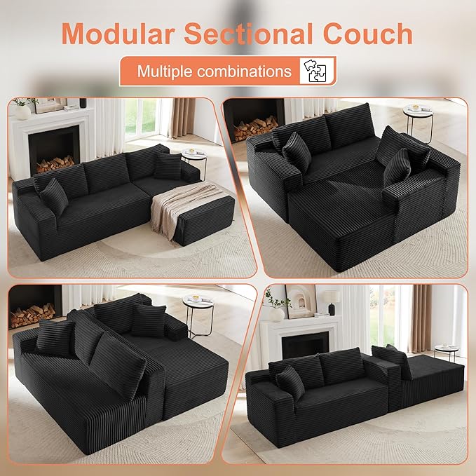 105''Sectional Cloud Couch with L Shaped Chaise,Modern Modular Sectional Sofa,Comfy Sectional Couches for Living Room,Bedroom,Apartment (Black, Right Facing Chaise)