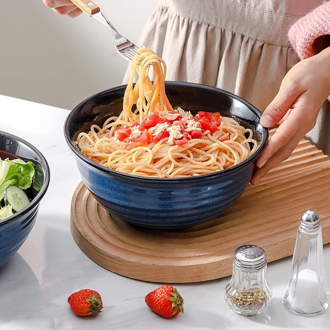 Hasense Serving Bowls, 60 Ounces Ceramic Salad Pasta Soup Bowls, 8.5 inch Large Bowls for Kitchen Ramen Pho Fruit Cereal Popcorn, Microwave and Dishwasher Safe, Set of 2, Blue