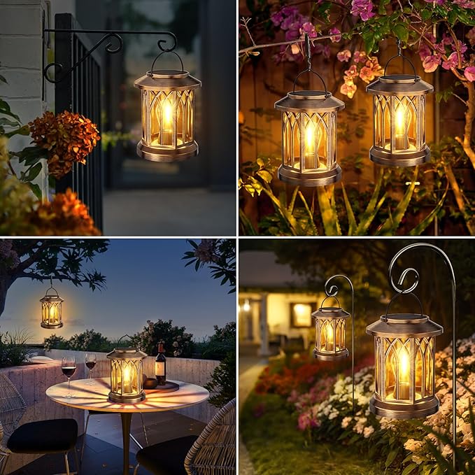 WdtPro Solar Lanterns Outdoor Lights, 2 Pack Bright Lanterns Outdoor Waterproof with Clip Patio Decor, Hanging Solar Lights for Outside Garden Yard Front Porch Table Decoration (Antique Copper)