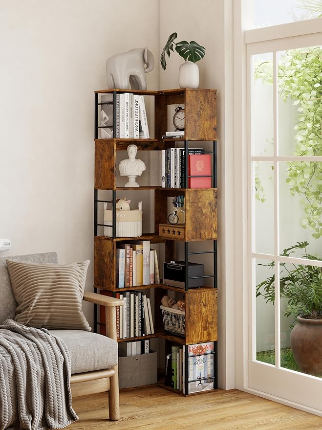 7 Tier Corner Bookshelf 74 Inches Tall Corner Bookcase Industrial L Shaped Book Shelf with Metal Frame Display Rack Storage Organize for Home Office,Living Room,Bed Room (Brown)