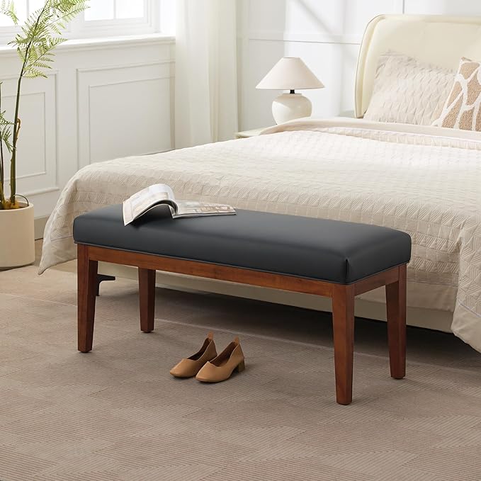 43.5'' Faux Leather Bedroom Bench, Upholstered End of Bed Bench, Padded Vintage Dining Bench, Entryway Bench with Solid Wood Legs, Kitchen, Living Room, Hallway, Black