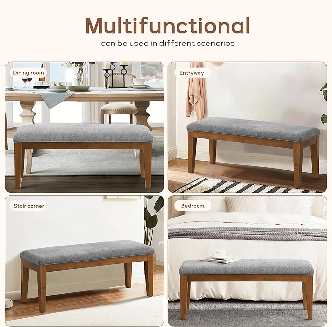 HUIMO Upholstered Entryway Bench, Bedroom Bench with Solid Wooden Legs, End of Bed Bench with Padded Seat for Living Room, Bedroom, Corners, Kitchen (Grey)