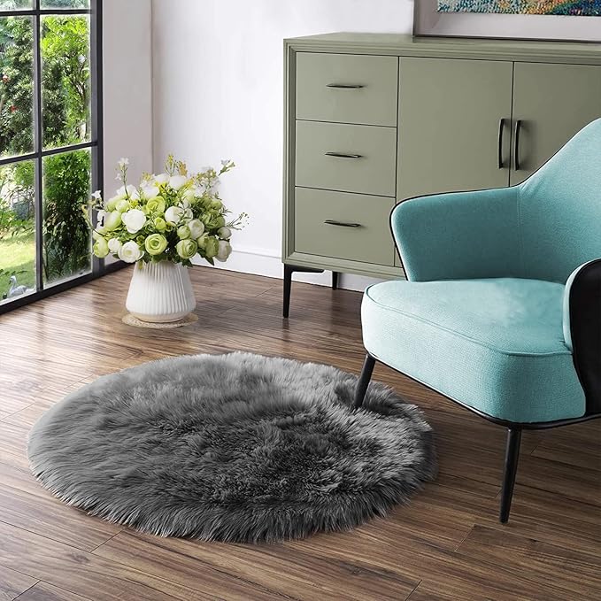 Latepis Dark Grey Rugs for Living Room Round Rugs 6ft Fluffy Circle Fuzzy Shag Rug for Bedroom Dorm Plush Accent Washable Faux Fur Rug Home Decor
