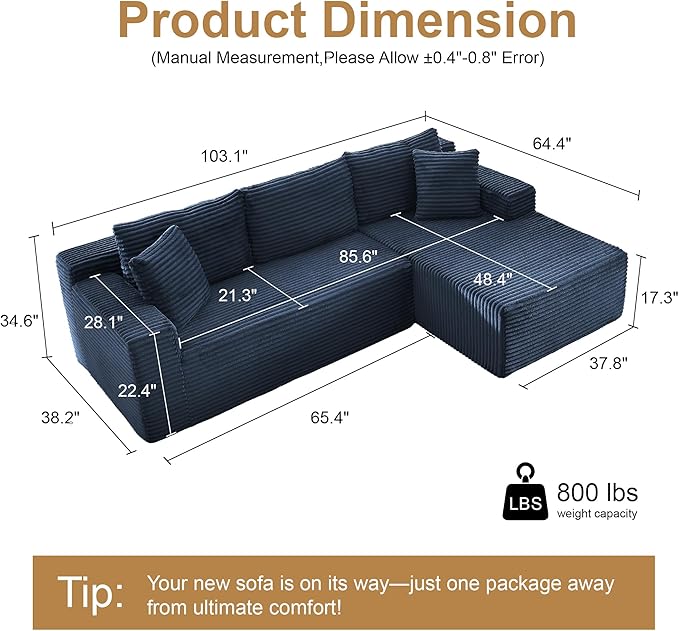 105''Sectional Cloud Couch with L Shaped Chaise,Modern Modular Sectional Sofa,Comfy Sectional Couches for Living Room,Bedroom,Apartment (Blue, Right Facing Chaise)