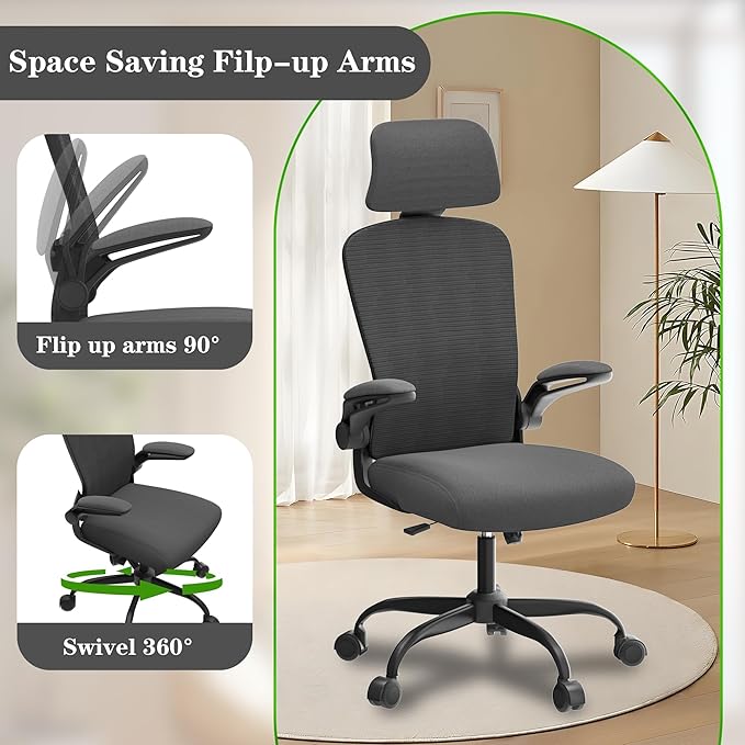 Ergonomic Office Chair for Long Hours & Back Pain Relief – Desk Chair with Adjustable Lumbar Support & Headrest, High-Density Foam Cushion, Flip-Up Armrests, Perfect for Work & Study (Dark Black)
