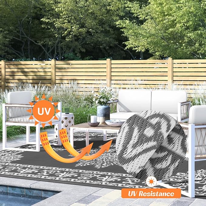 Yamaziot Outdoor Rug 9x12 Ft, Waterproof Plastic Straw Patio Rug, Reversible Backyard Carpet UV Resistant Portable RV Mat Clearance, Large Indoor Outdoor Rug for Patio, Porch, Deck, Balcony, Dark Gray