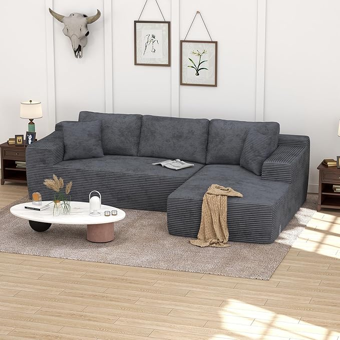 OC Orange-Casual 106.3" Cloud Sectional Couch with L-Shape Chaise,No Assembly Required Modular Sofa,Upholstered Boneless Couches for Living Room, Plush Corduroy Fabric (Grey, Right Facing Chaise)