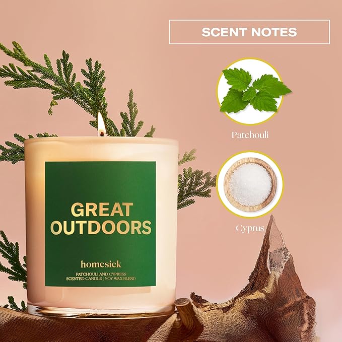 Homesick Scented Candles for Home (Great Outdoors) - 7.5 oz Long-Lasting Natural Soy Wax Blend Jar Candle Gift for Women & Men for All Occasions, 30-35 Hours Burn Time - Notes of Patchouli & Cypress