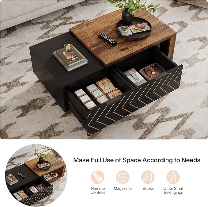 Tribesigns Extendable Coffee Table with 2 Storage Drawers, Dual-Tone Center Table with Sliding Tabletop, Multi-Functional Hidden Storage Wooden Rectangle Cocktail Table for Living Room (Brown & Black)