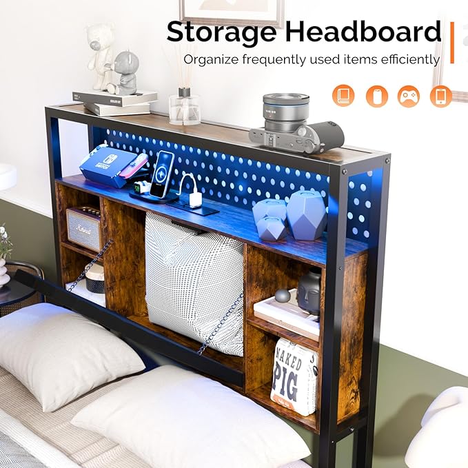 VINGLI Floating Bed Frame Twin Bed with Charging Station and LED Lights,Twin Metal Bed Frame,Cozy Hidden Storage Velvet Upholstered Headboard,No Box Spring Needed,Easy Assembly,Black