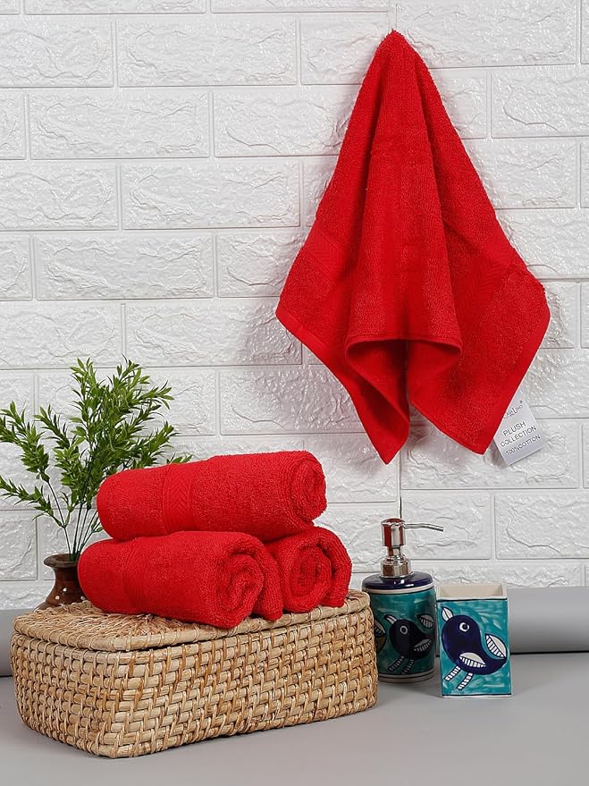 CASALINO Plush Collection Towel Set, Premium Quality 100% Pure Cotton, Highly Absorbent, Super Soft, Soft and Plush, (4 PCS Hand Towel Set, Red)