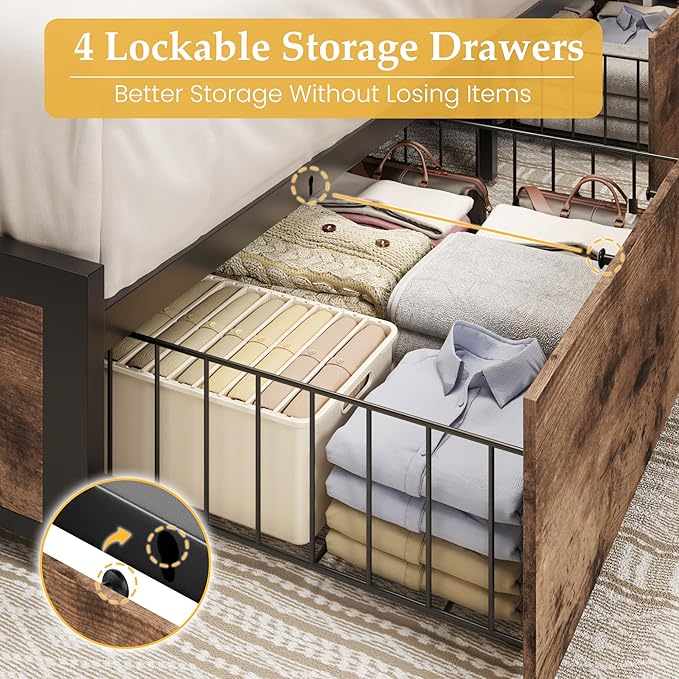 Lifezone Queen Bed Frame with 2-Tier Storage Headboard, Metal Platform Bed Frame with 4 Storage Drawers, Built in Charging Station & LED, Noise-Free/Metal Support/No Box Spring Needed, Rustic Brown