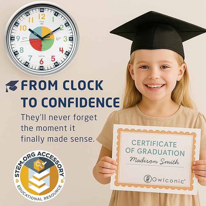 OWLCONIC Non Ticking Analog Clock for Kids Learning to Tell Time, Teaching Clock for Kids Wall, Clocks for Classroom, Homeschool Decor, Bedrooms, Silent, Homeschooling Resource.