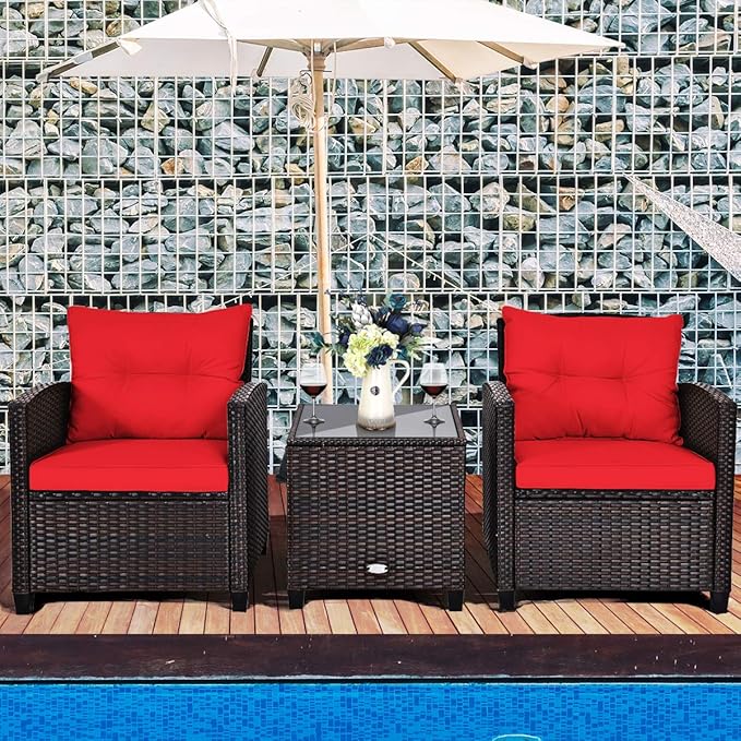 Tangkula 3 Pieces Patio Furniture Set, PE Rattan Wicker 3 Pcs Outdoor Sofa Set w/Washable Cushion and Tempered Glass Tabletop, Conversation Furniture for Garden Poolside Balcony (Red)